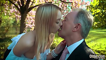 A Young Blonde Woman Engages In Sexual Activity With An Older Man And Consumes His Ejaculation